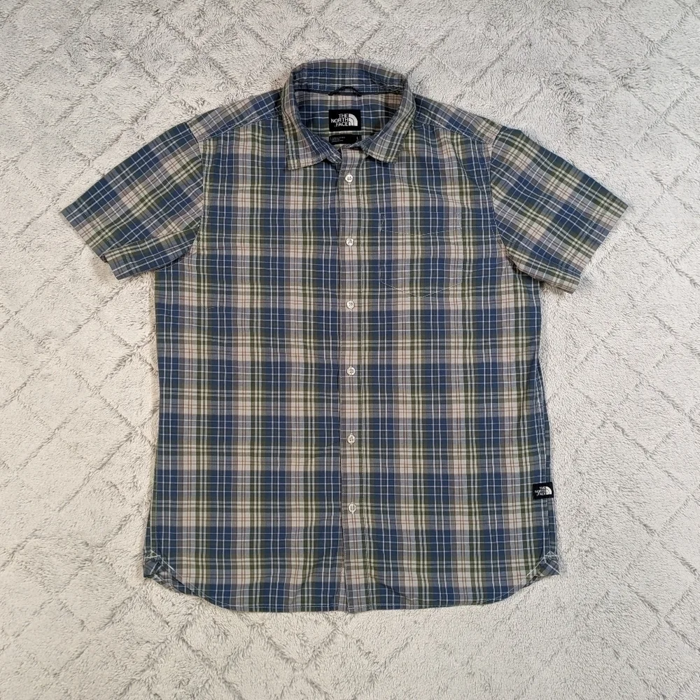 The North Face Shirt Men's Large Green Blue Plaid Button Up Short Sleeve Light
